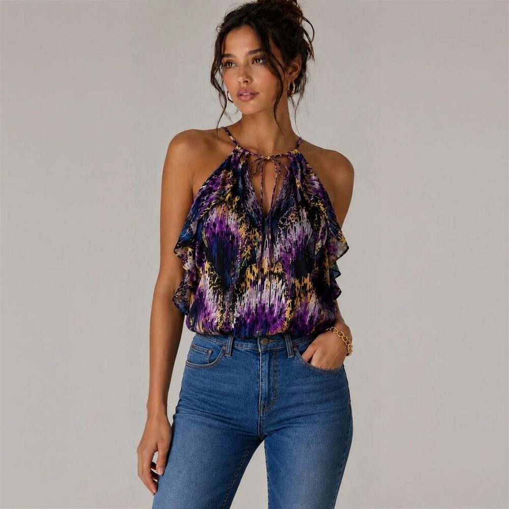 Parker 100% Silk Ruffle Halter Tank Abstract Print Boho Top Small